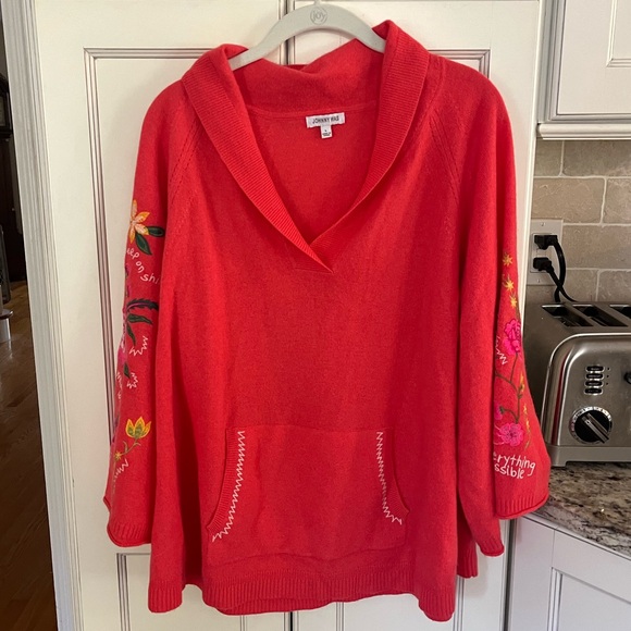 Johnny Was Sedona Cashmere Floral Embroidered V Neck Sweater - Coral - Picture 6 of 6